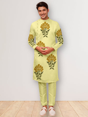 Men's Lime Green Cotton Kurta Set – Ethnic Print & Side Placket
