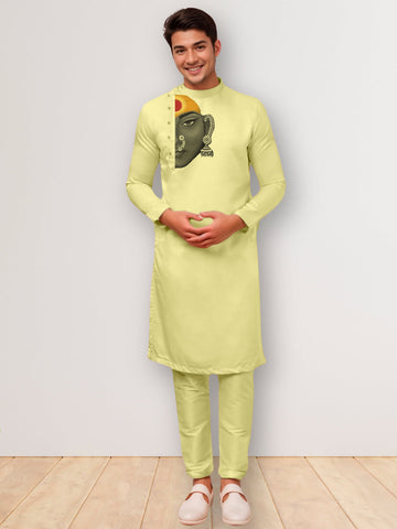 Men's Lime Green Cotton Kurta Set – Ethnic Print & Side Placket