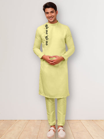 Men's Lime Green Cotton Kurta Set – Ethnic Print & Side Placket