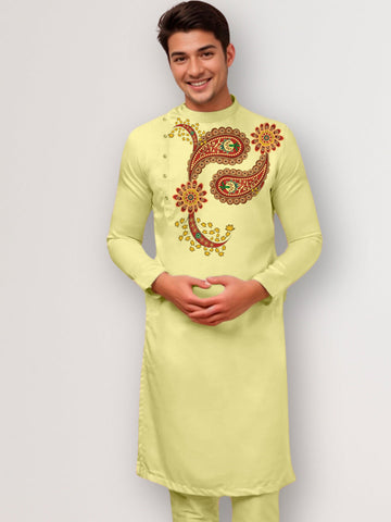 Men's Lime Green Cotton Kurta Set – Ethnic Print & Side Placket