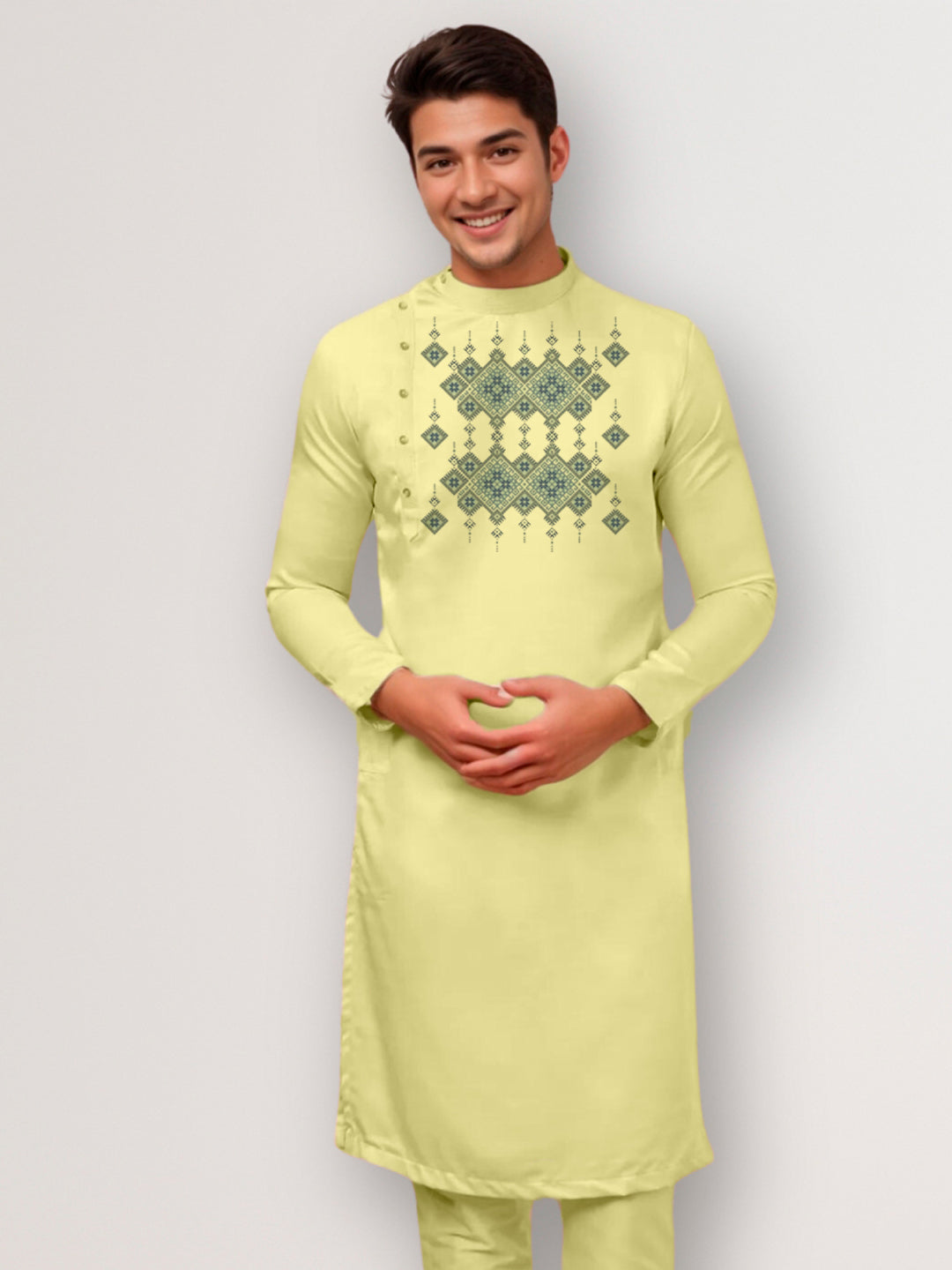 Men's Lime Green Cotton Kurta Set – Ethnic Print & Side Placket