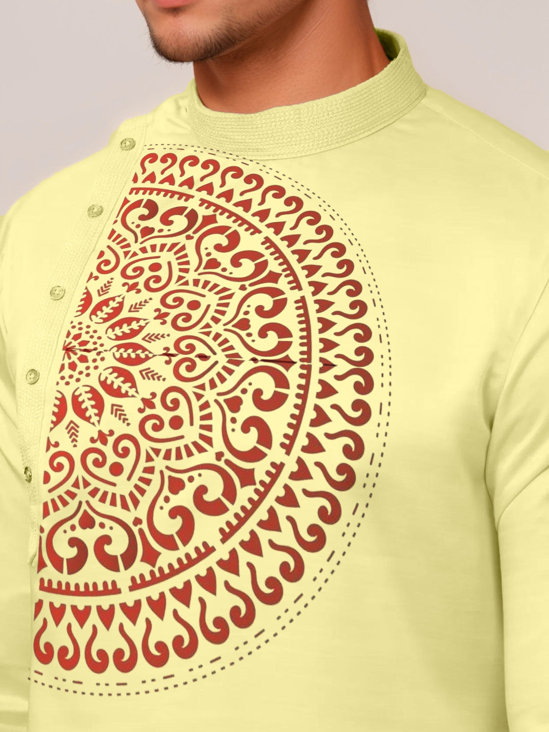 Men's Lime Green Cotton Kurta Set – Ethnic Print & Side Placket