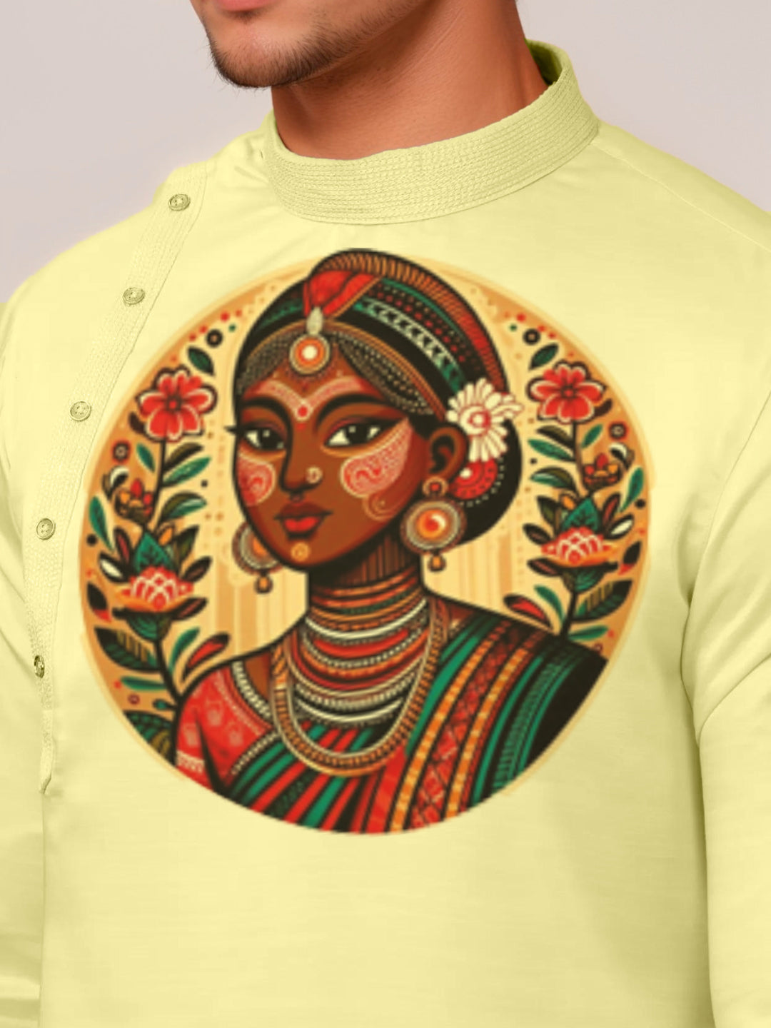 Men's Lime Green Cotton Kurta Set – Ethnic Print & Side Placket