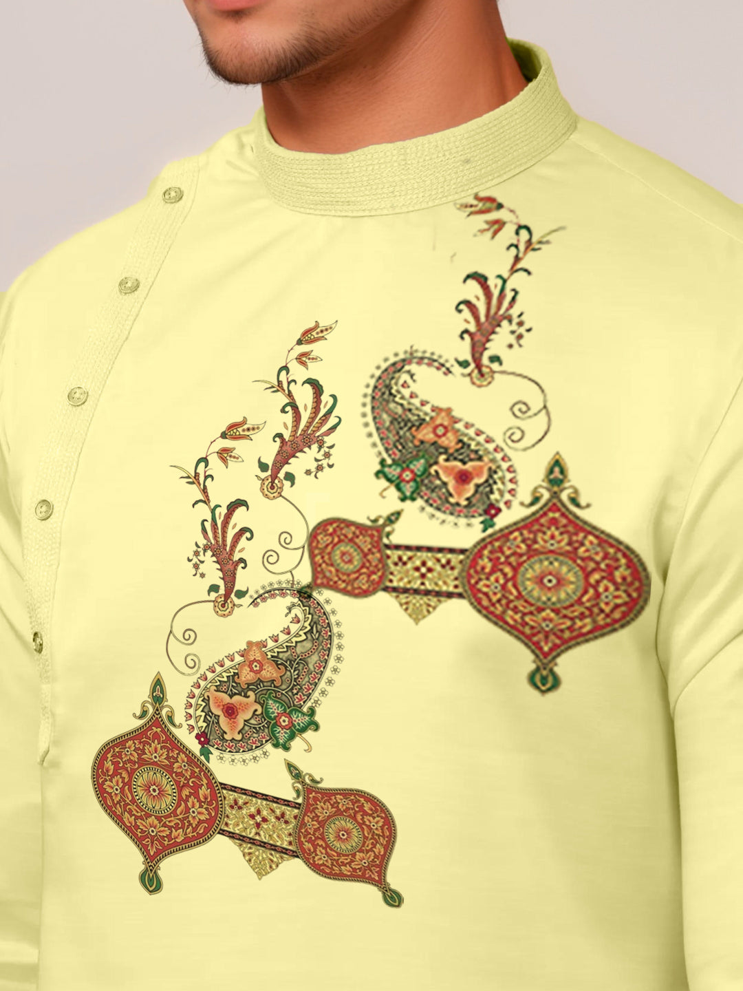 Men's Lime Green Cotton Kurta Set – Ethnic Print & Side Placket