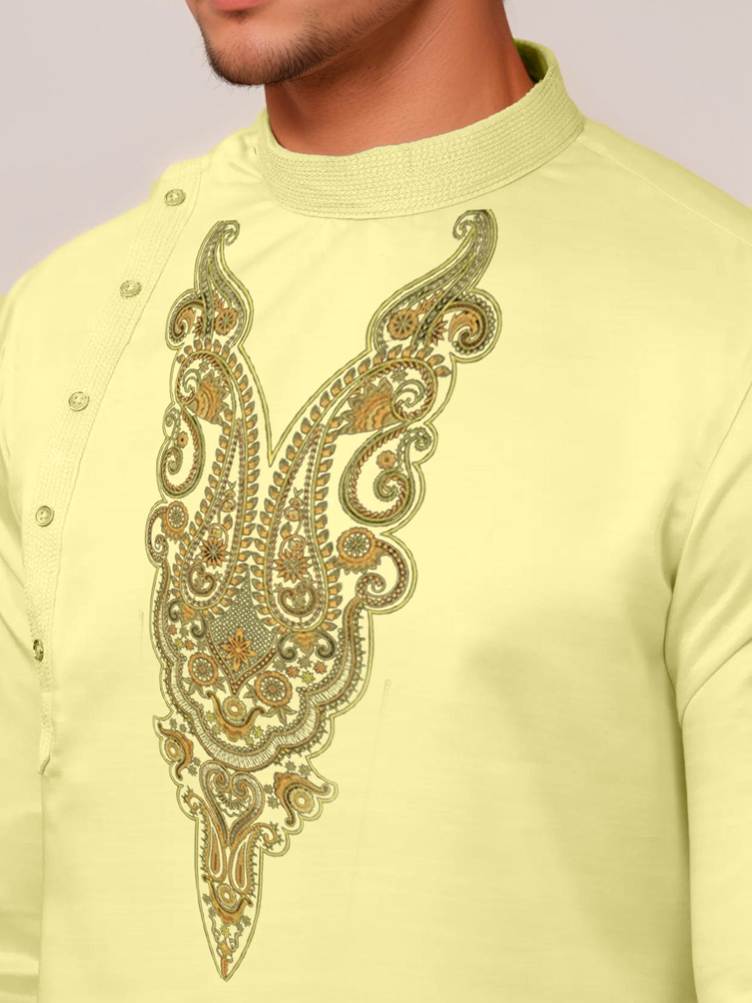 Men's Lime Green Cotton Kurta Set – Ethnic Print & Side Placket