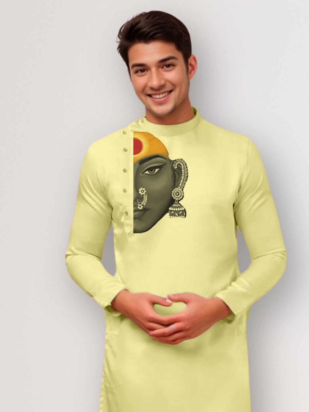Men's Lime Green Cotton Kurta Set – Ethnic Print & Side Placket