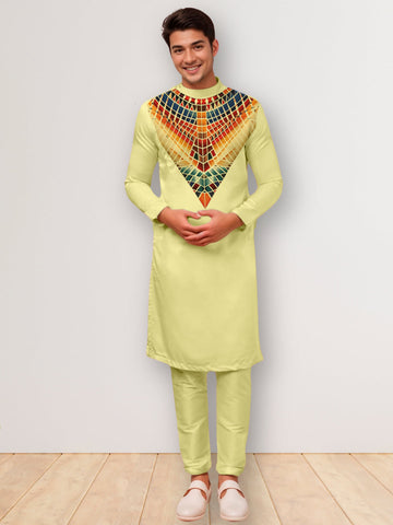 Men's Lime Green Cotton Kurta Set – Ethnic Print & Side Placket