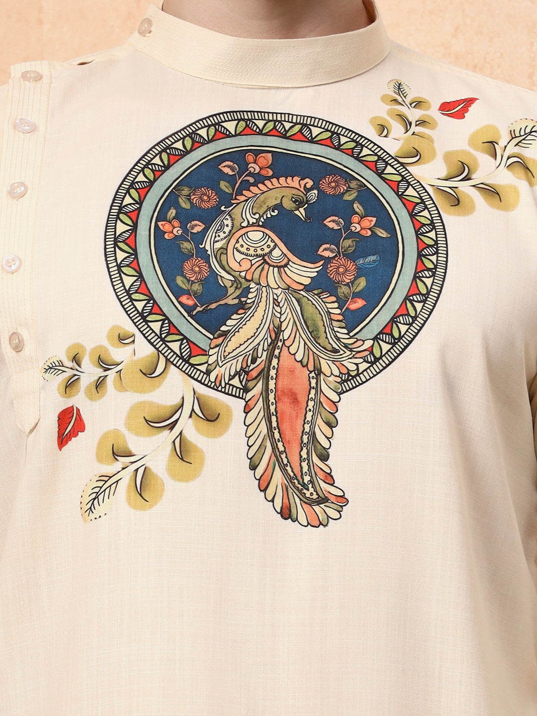 Men's Beige Cotton Kurta Set – Ethnic Print & Side Placket