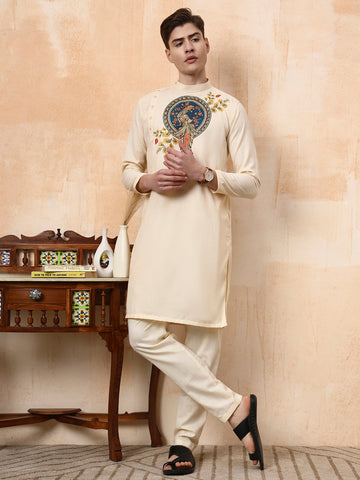 Men's Beige Cotton Kurta Set – Ethnic Print & Side Placket