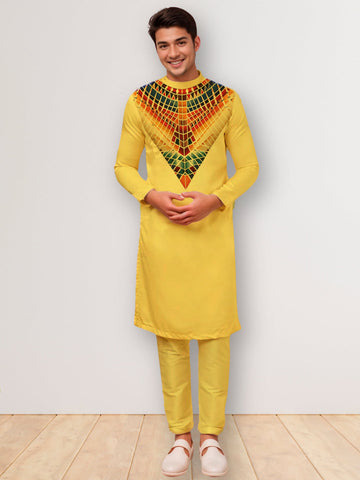 Men's Mustard Cotton Kurta Set – Ethnic Print & Side Placket