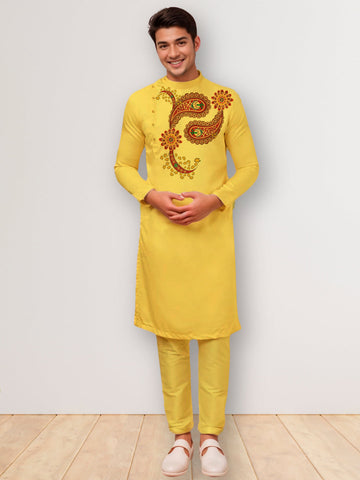 Men's Mustard Cotton Kurta Set – Ethnic Print & Side Placket
