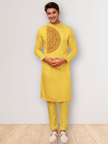 Men's Mustard Cotton Kurta Set – Ethnic Print & Side Placket