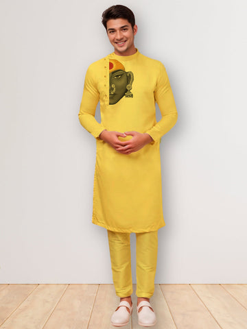 Men's Mustard Cotton Kurta Set – Ethnic Print & Side Placket