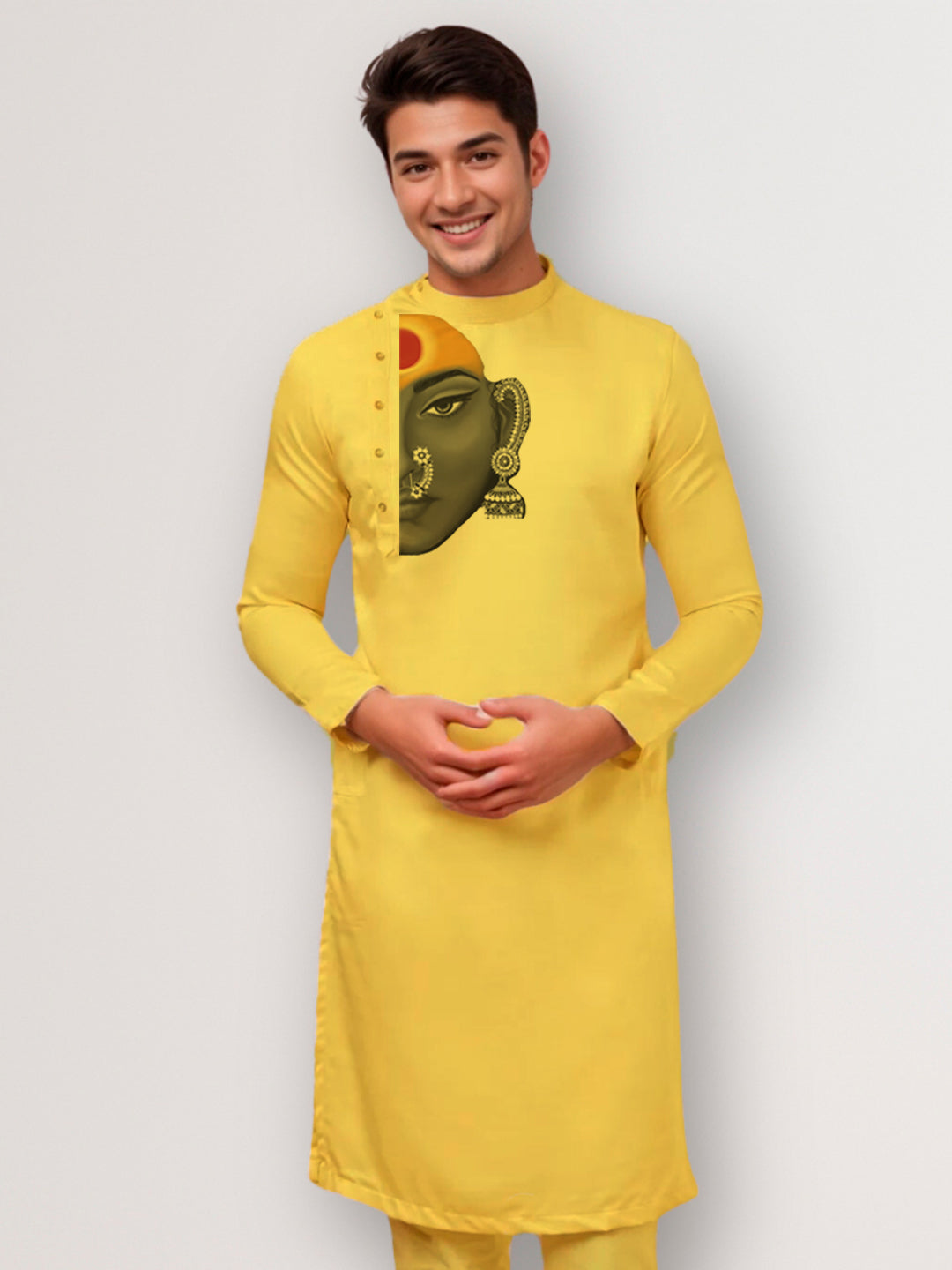 Men's Mustard Cotton Kurta Set – Ethnic Print & Side Placket