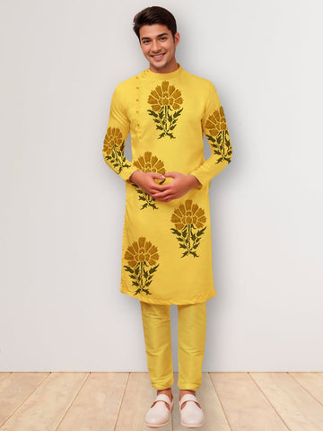 Men's Mustard Cotton Kurta Set – Ethnic Print & Side Placket