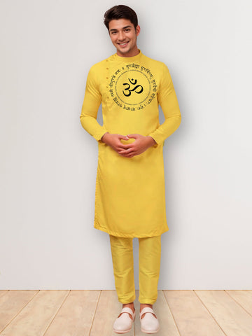 Men's Mustard Cotton Kurta Set – Ethnic Print & Side Placket