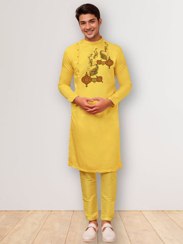 Men's Mustard Cotton Kurta Set – Ethnic Print & Side Placket