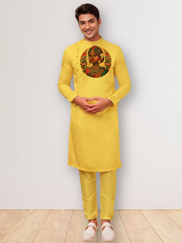Men's Mustard Cotton Kurta Set – Ethnic Print & Side Placket
