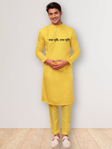 Men's Mustard Cotton Kurta Set – Ethnic Print & Side Placket