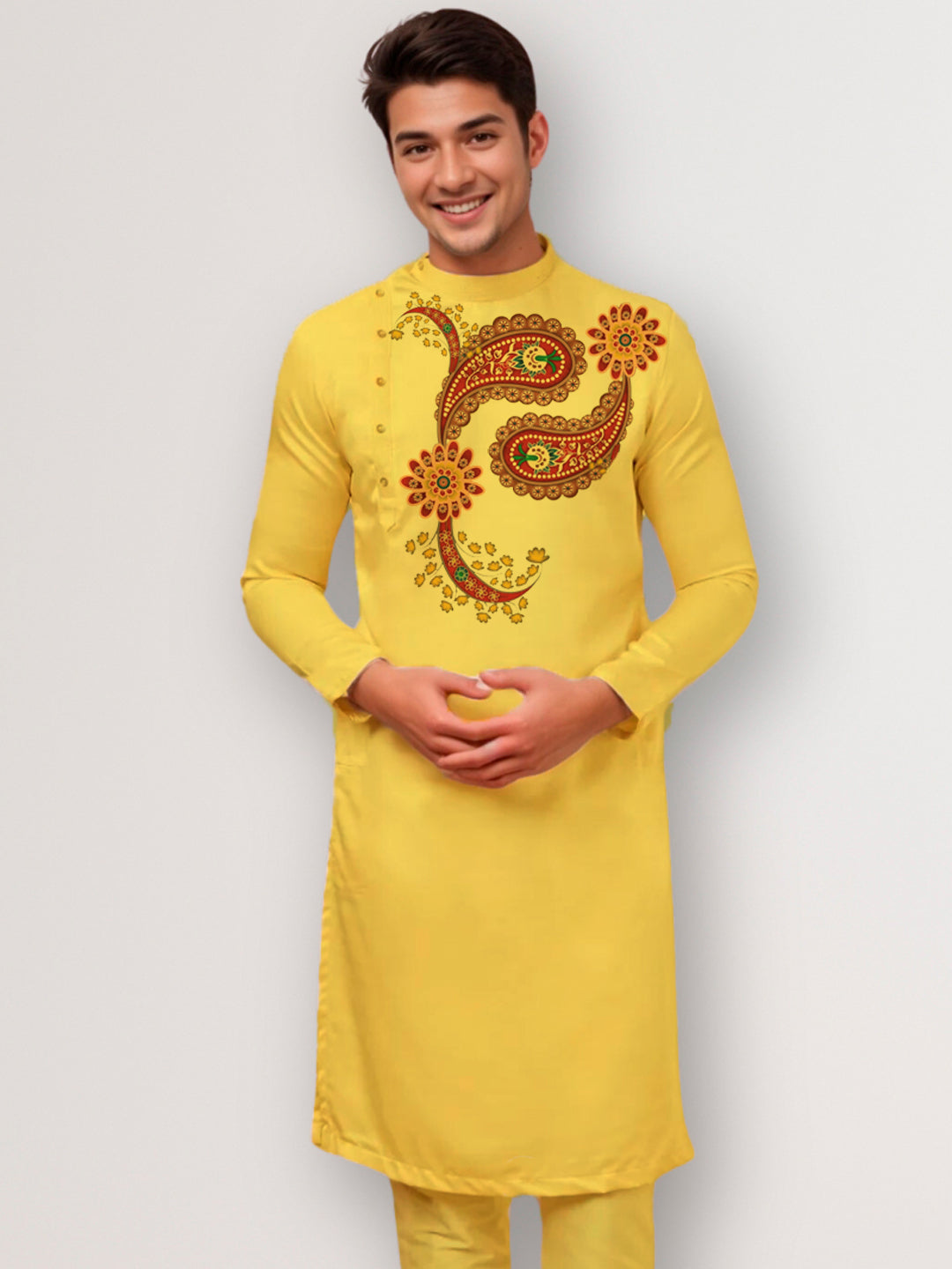Men's Mustard Cotton Kurta Set – Ethnic Print & Side Placket