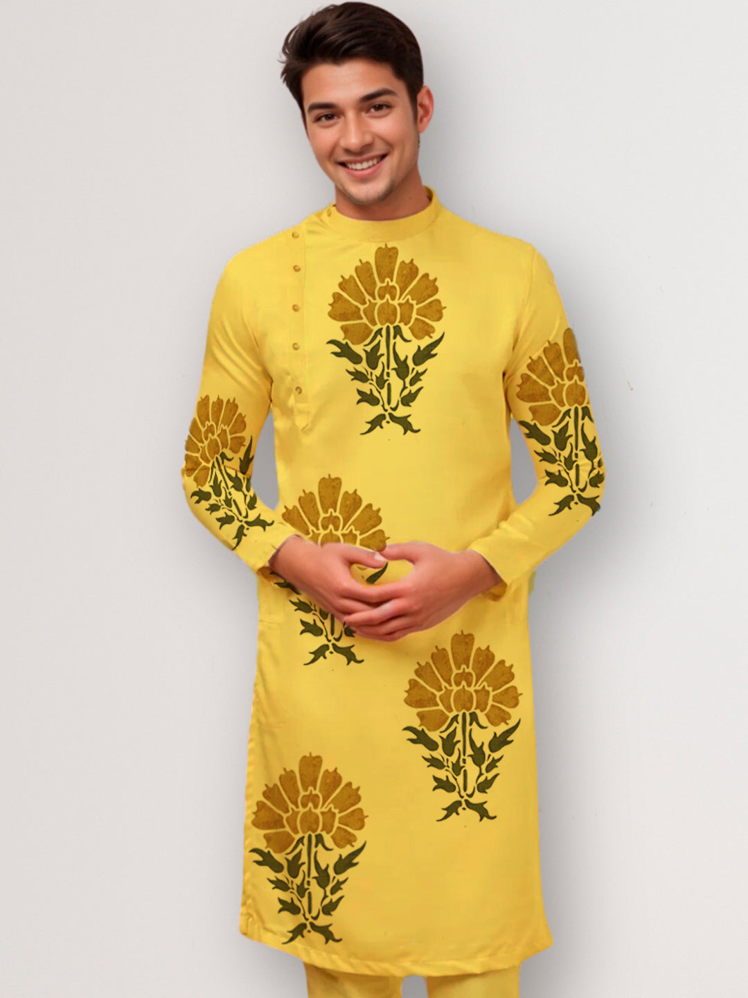 Men's Mustard Cotton Kurta Set – Ethnic Print & Side Placket