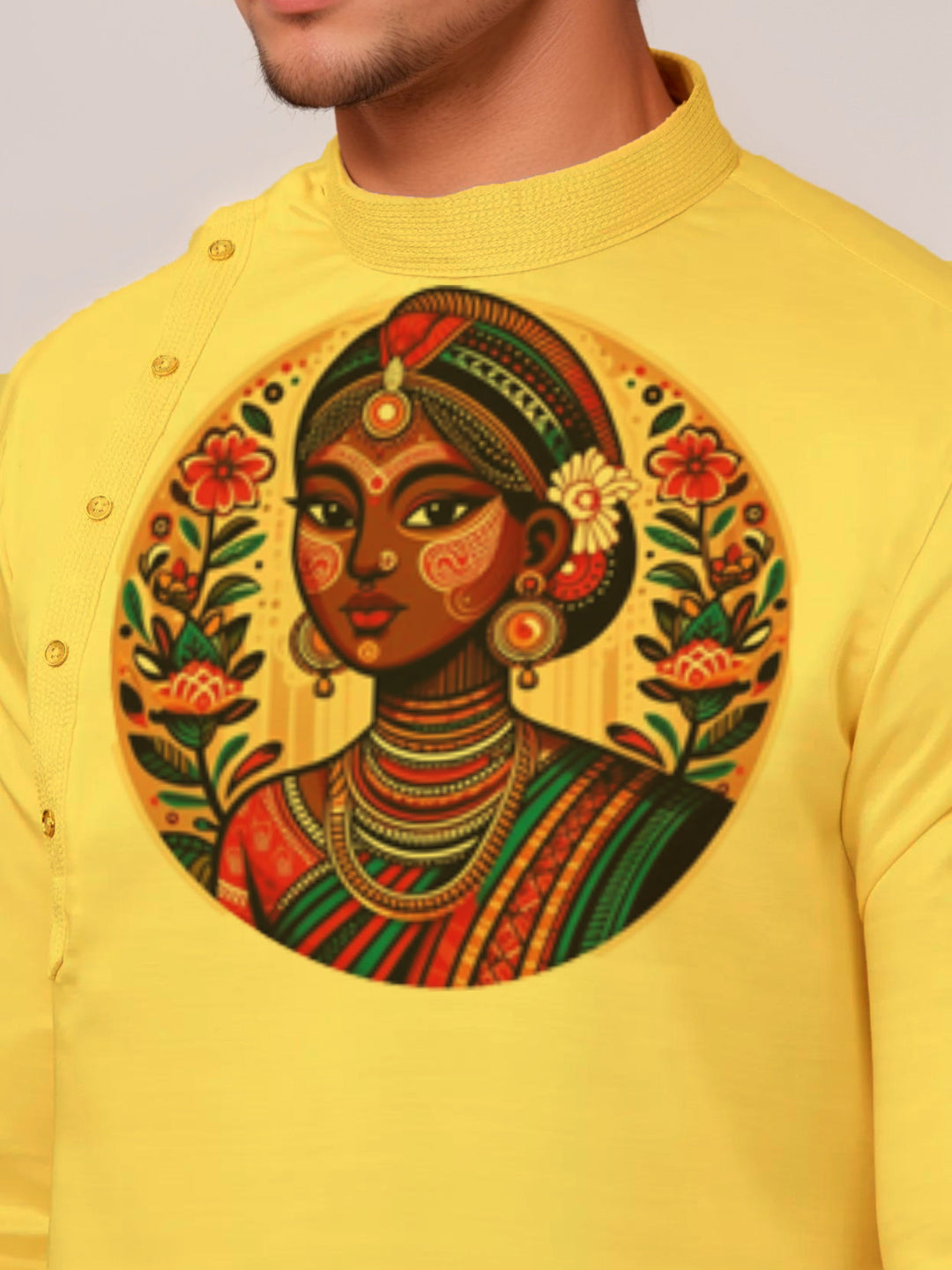 Men's Mustard Cotton Kurta Set – Ethnic Print & Side Placket