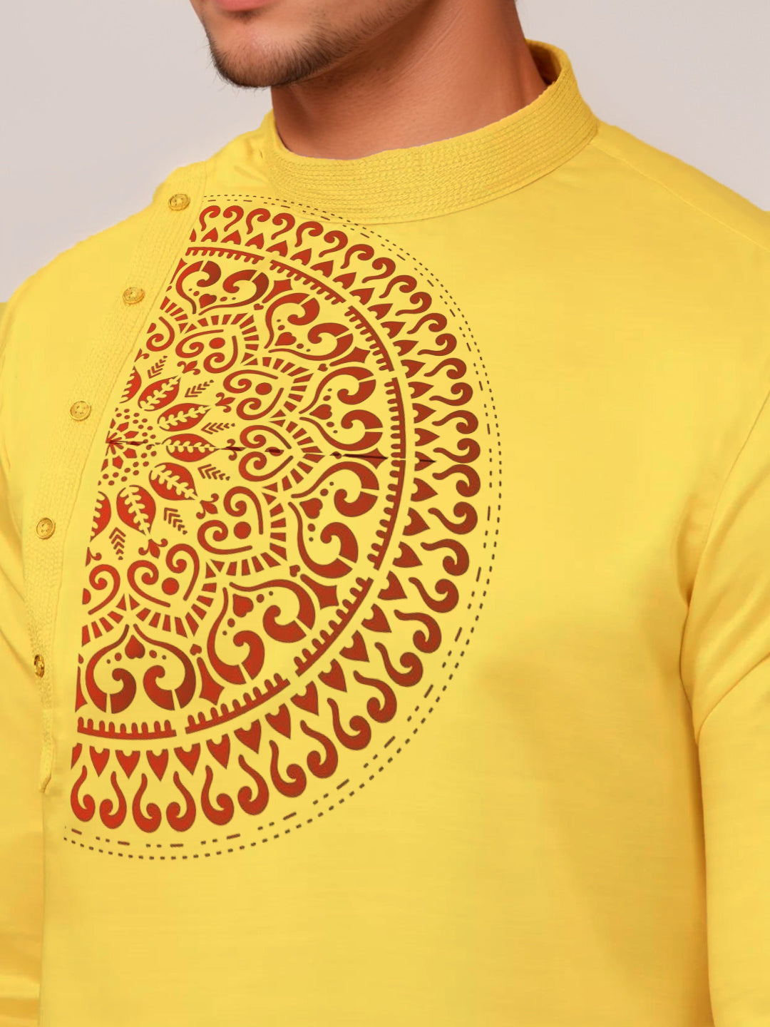 Men's Mustard Cotton Kurta Set – Ethnic Print & Side Placket