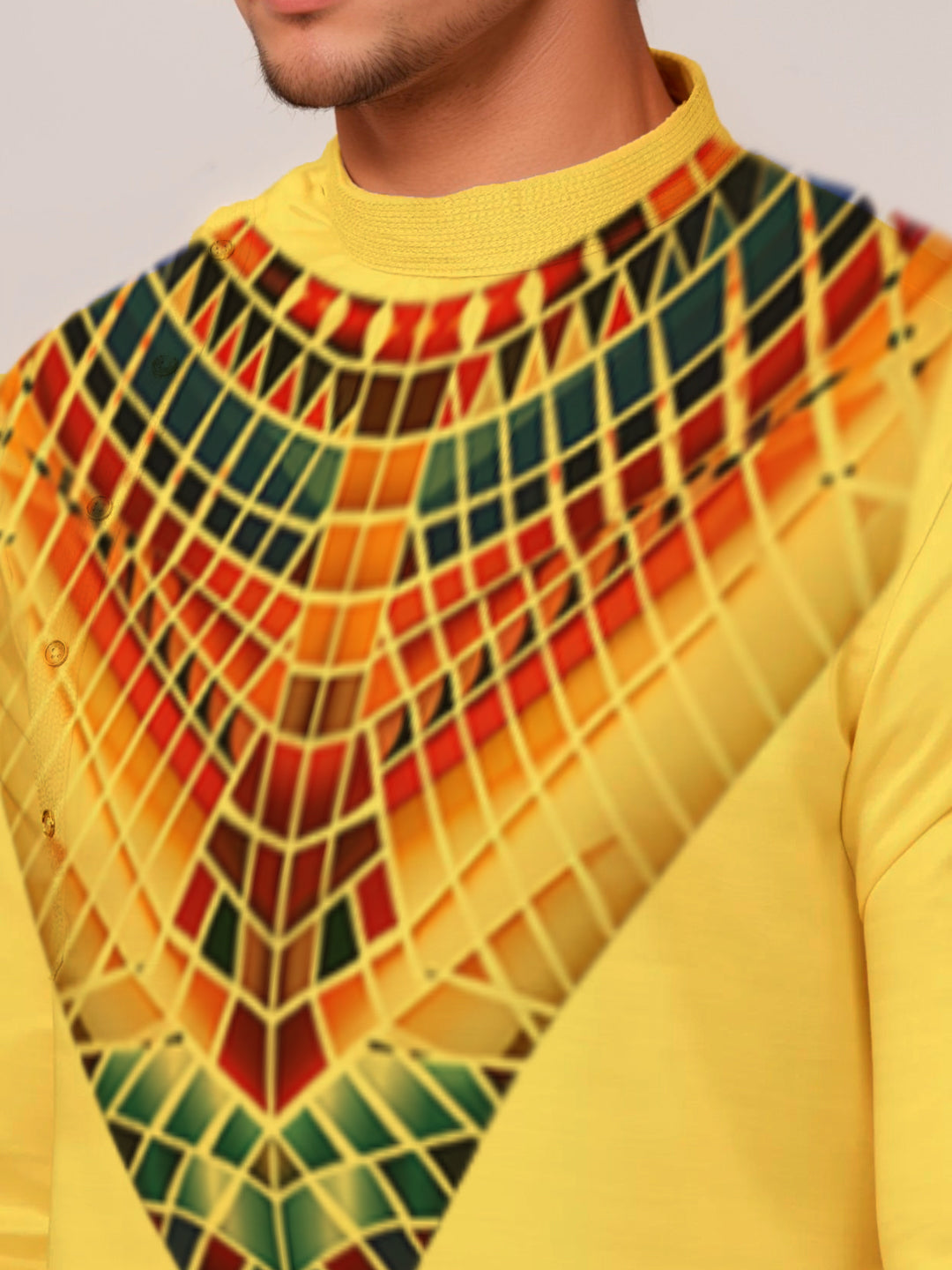 Men's Mustard Cotton Kurta Set – Ethnic Print & Side Placket