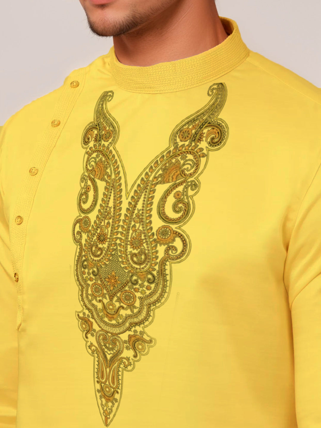 Men's Mustard Cotton Kurta Set – Ethnic Print & Side Placket