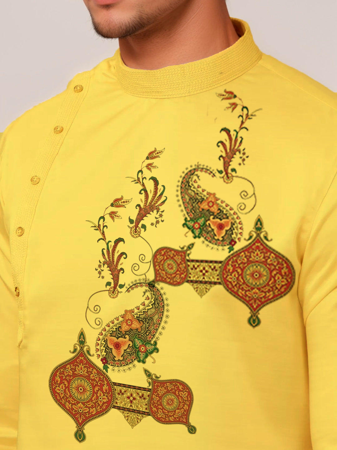 Men's Mustard Cotton Kurta Set – Ethnic Print & Side Placket