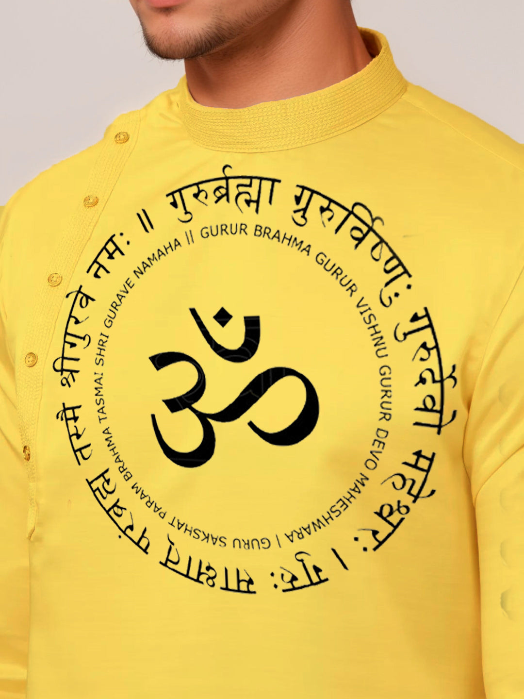 Men's Mustard Cotton Kurta Set – Ethnic Print & Side Placket