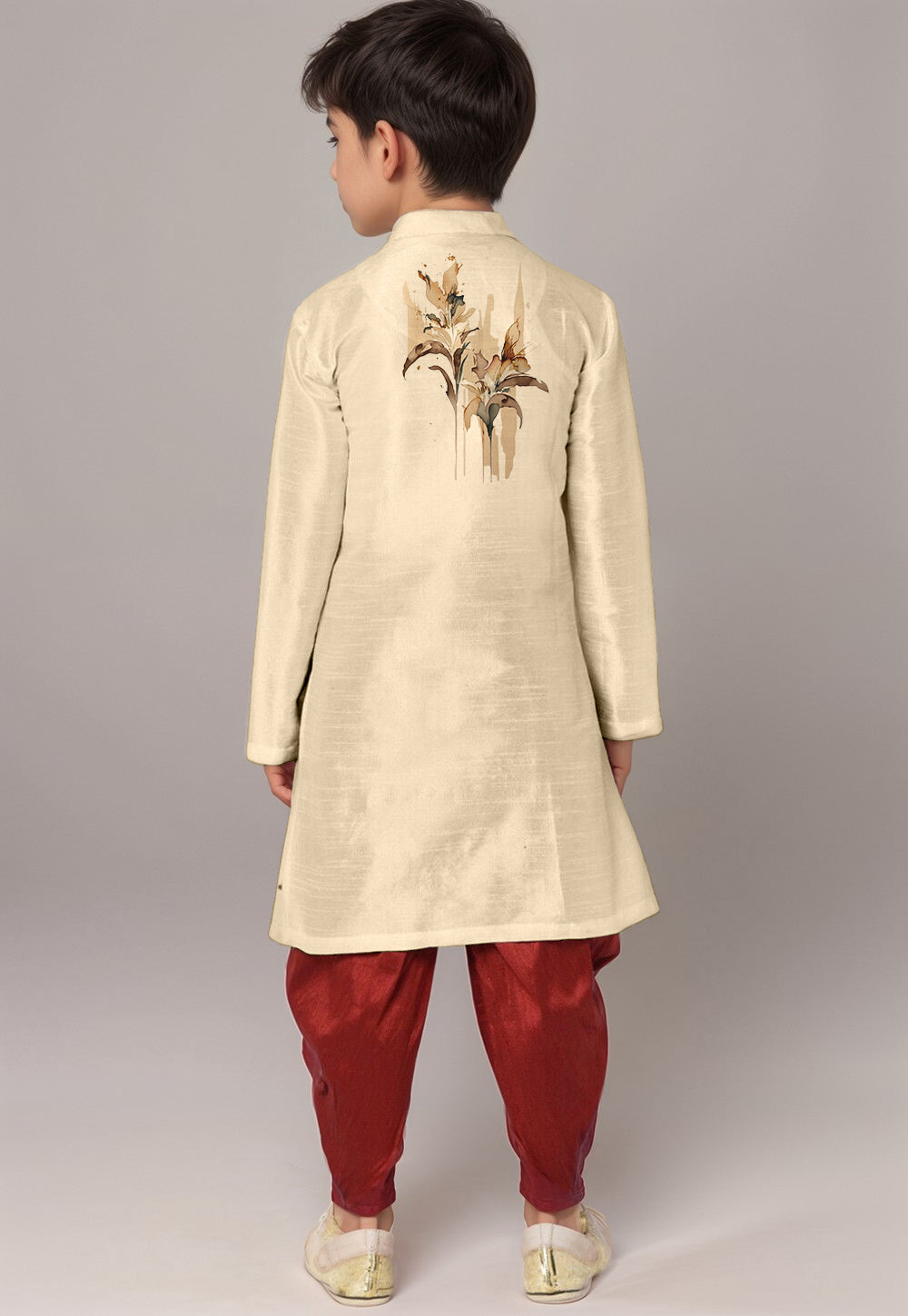 Boys' Beige Dupion Silk Kurta & Dhoti Set – Floral Print