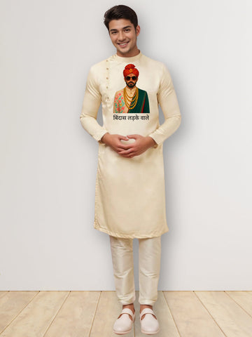 Men's Beige Cotton Kurta Set – Ethnic Print & Side Placket