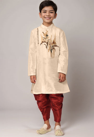 Boys' Beige Dupion Silk Kurta & Dhoti Set – Floral Print