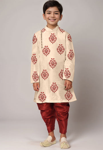 Boys' Beige Dupion Silk Kurta & Dhoti Set – Floral Print