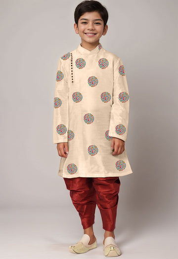 Boys' Beige Dupion Silk Kurta & Dhoti Set – Floral Print
