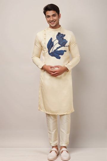Men's Beige Cotton Kurta Set – Ethnic Print & Side Placket
