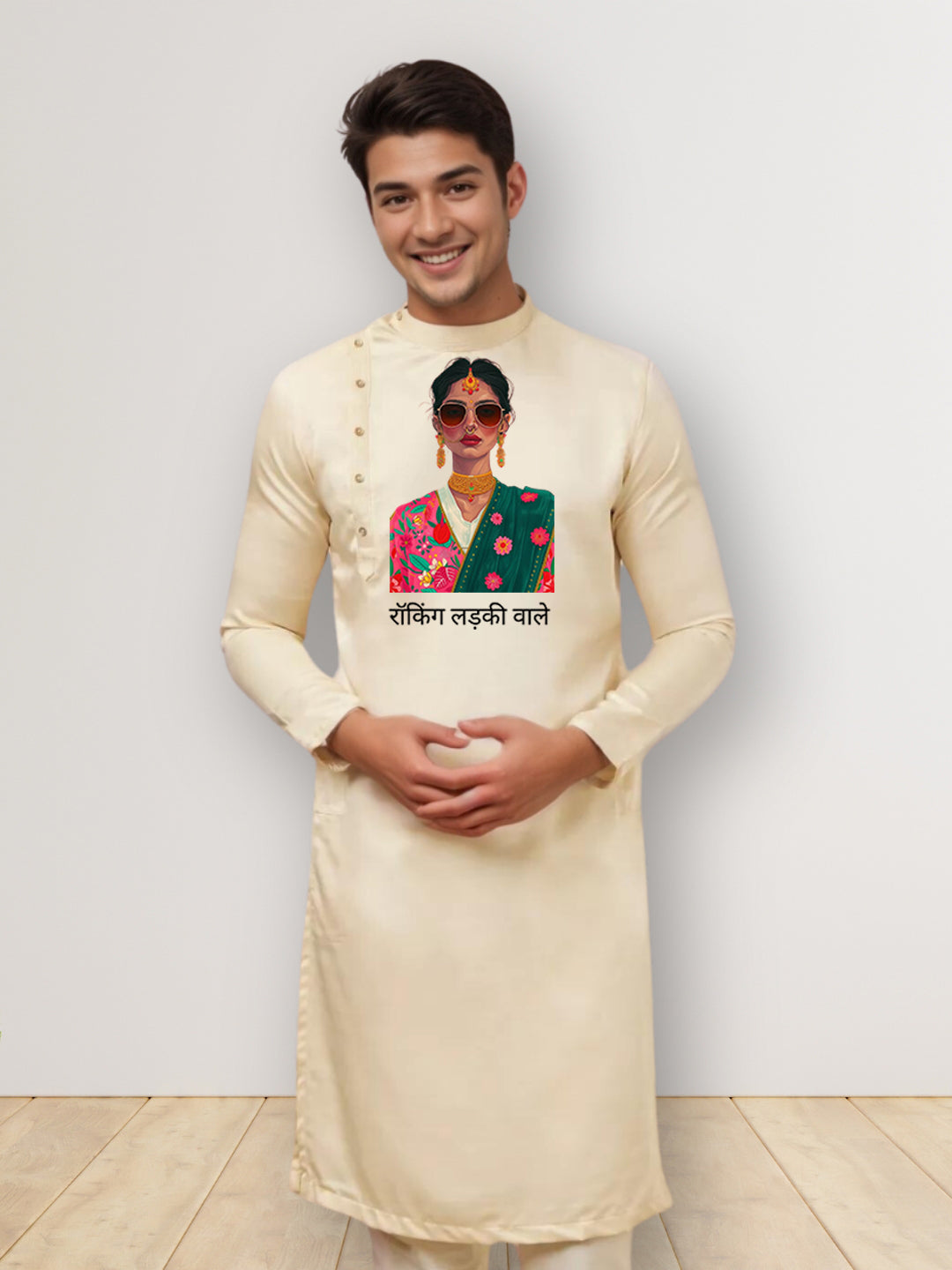 Men's Beige Cotton Kurta Set – Ethnic Print & Side Placket