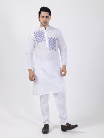 Men's White Cotton Kurta Set – Ethnic Print
