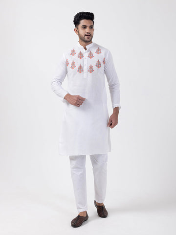 Men's White Cotton Kurta Set – Ethnic Print
