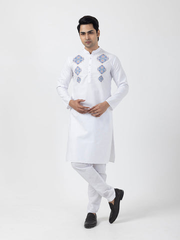 Men's White Cotton Kurta Set – Ethnic Print