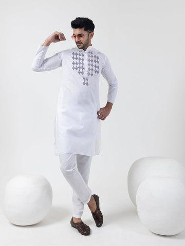 Men's White Cotton Kurta Set – Ethnic Print