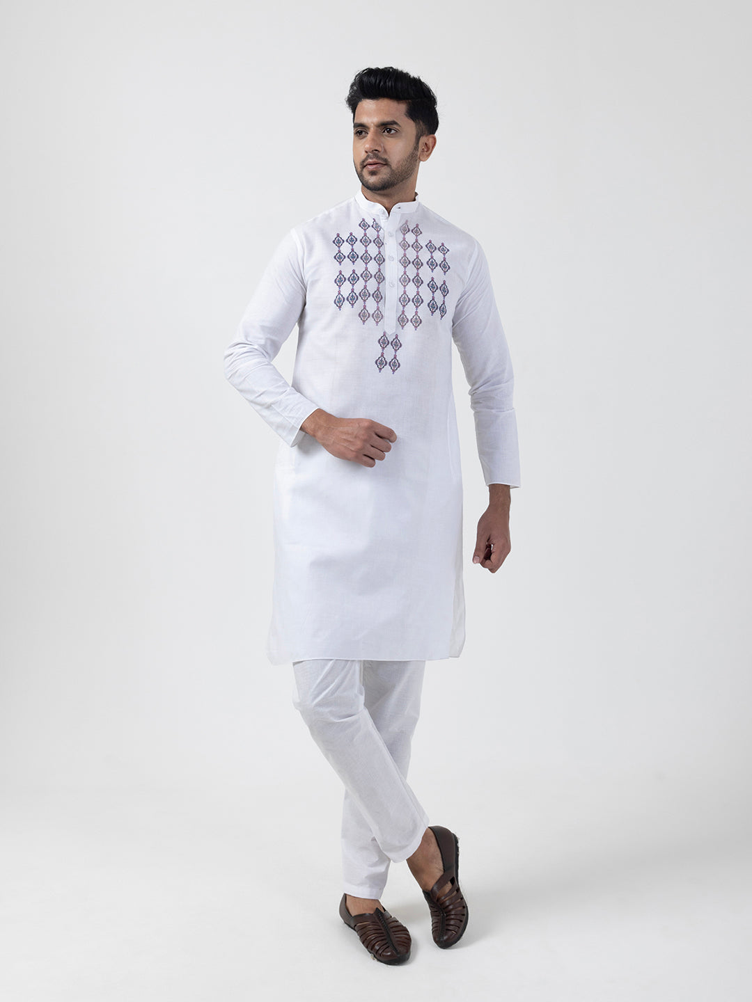 Men's White Cotton Kurta Set – Ethnic Print
