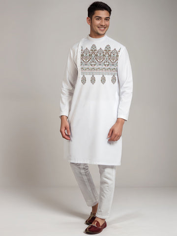 Men's White Cotton Kurta Set – Ethnic Print & Side Placket