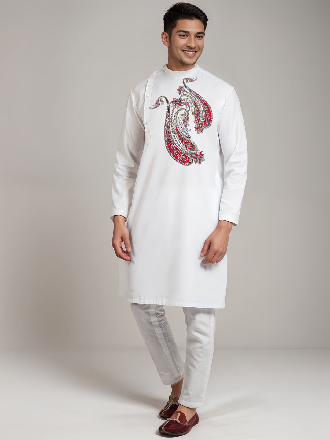 Men's White Cotton Kurta Set – Ethnic Print & Side Placket