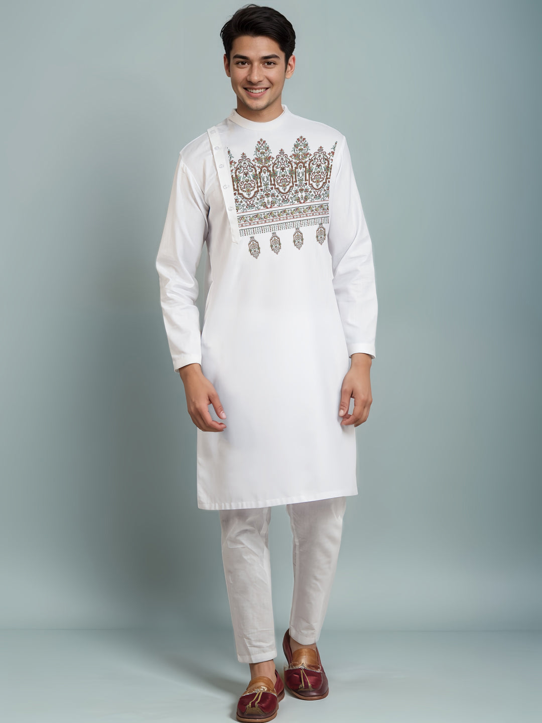 Men's White Cotton Kurta Set – Ethnic Print & Side Placket