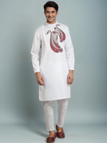 Men's White Cotton Kurta Set – Ethnic Print & Side Placket