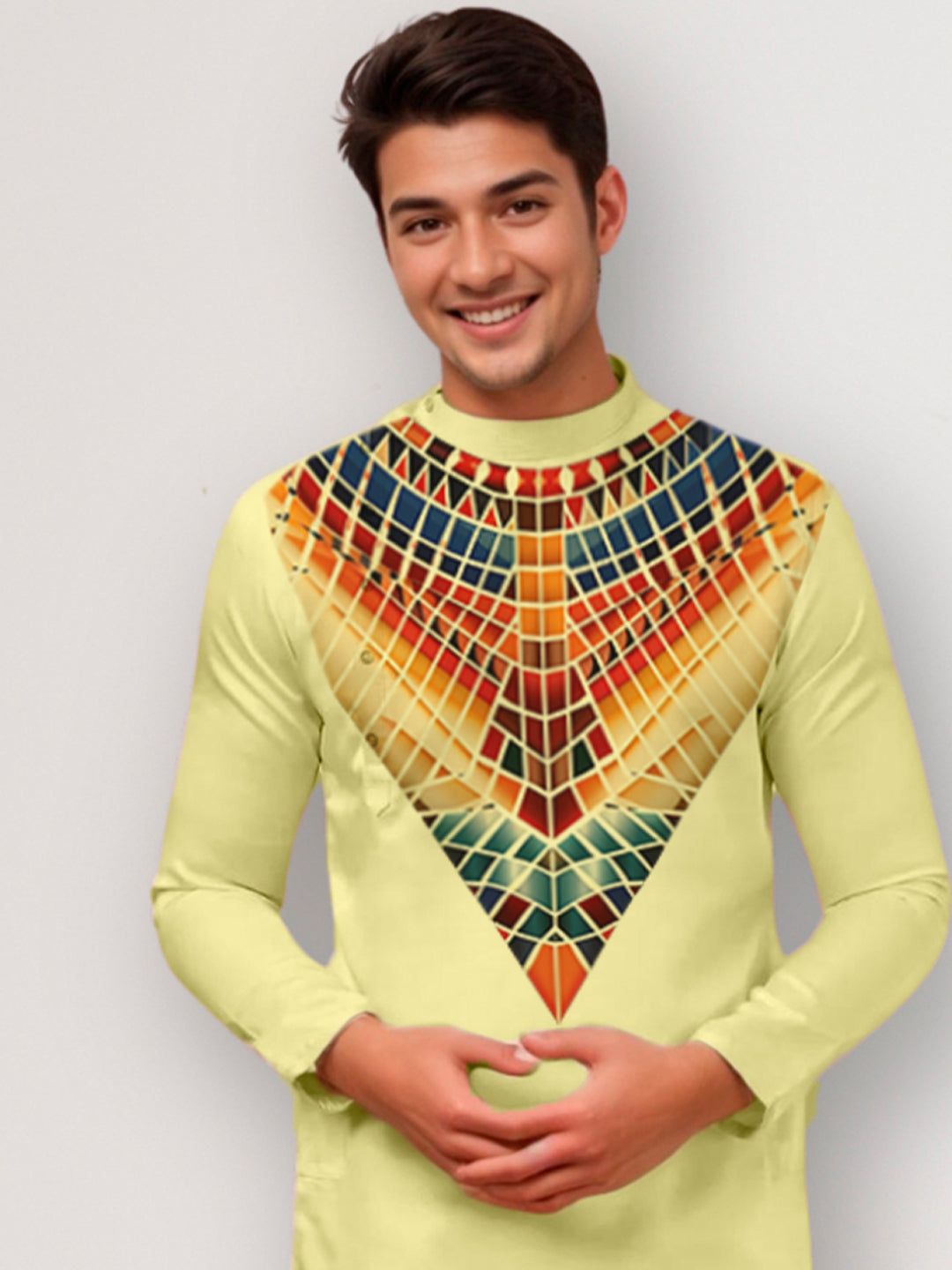 Men's Lime Green Cotton Kurta Set – Ethnic Print & Side Placket