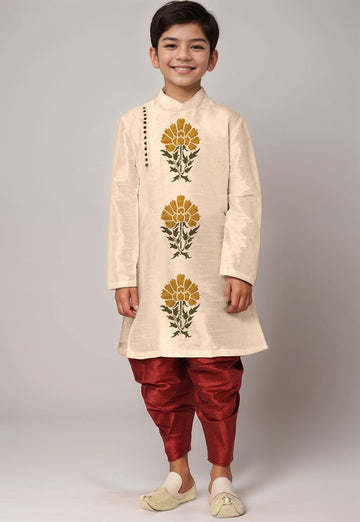 Boys' Beige Art Silk Kurta & Dhoti Set – Floral Print