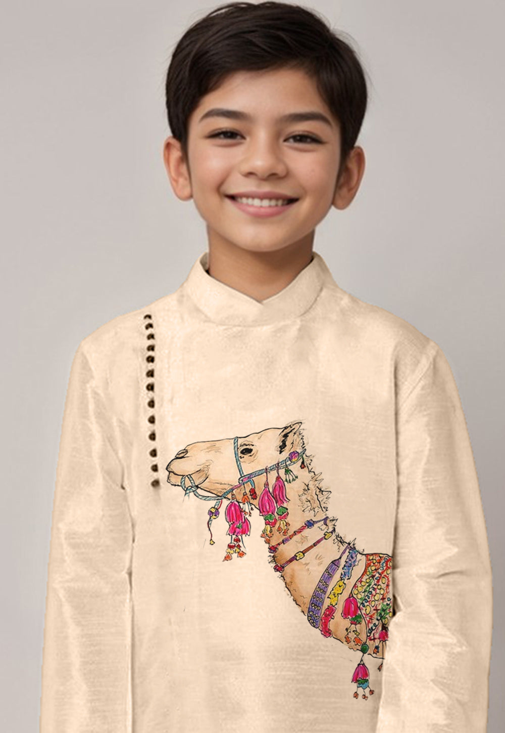 Boys' Beige Dupion Silk Kurta & Dhoti Set – Floral Print